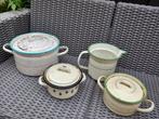 Set beige emaille pannen en melkkoker, Antiek en Kunst, Ophalen of Verzenden