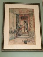 Mooie Aquarel Schilderij “ Man verleidt Vrouw” in lijst 1896, Ophalen of Verzenden
