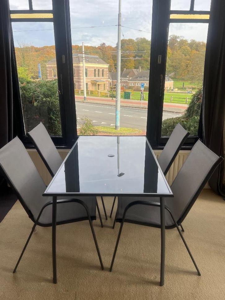 Eettafel / tuintafel antraciet met stoelen + parasol, Tuin en Terras, Tuintafels, Zo goed als nieuw, Rechthoekig, Aluminium, Ophalen