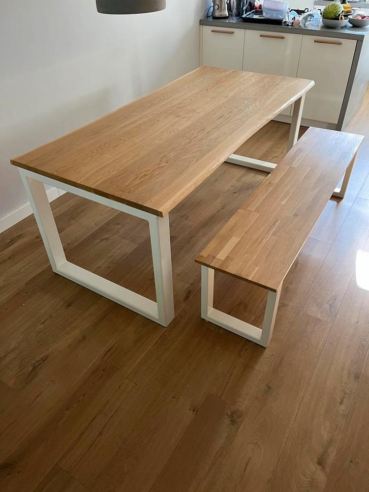 Wit Stalen Eettafel met Houten Eiken Blad en Bankje, Huis en Inrichting, Tafels | Eettafels, Zo goed als nieuw, 50 tot 100 cm