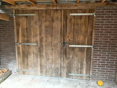 Eiken openstaande garagedeuren met beslag, Doe-het-zelf en Verbouw, Deuren en Horren, Buitendeur, 215 cm of meer, 120 cm of meer