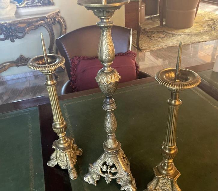 echt bronzen kerkkandelaar antiek set v 3 stuks 50/44 cm, Antiek en Kunst, Antiek | Kandelaars, Koper of Brons, Ophalen
