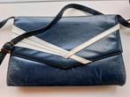 Leuke vintage leren damestas, donkerblauw met wit, Ophalen of Verzenden, Blauw, Handtas