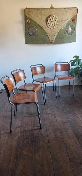 Set van 4 vintage T.H. Delft Gispen stoelen, stapelbaar, Huis en Inrichting, Stoelen, Gebruikt, Vier, Hout, Metaal, Overige kleuren