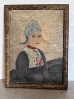 antiek schilderijtje meisje klederdracht op soort zeildoek, Antiek en Kunst, Ophalen of Verzenden