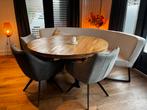 Prachtige ronde houten tafel met 3 stevige stoelen en bank, Huis en Inrichting, Rond, Gebruikt, Ophalen, Vijf personen of meer
