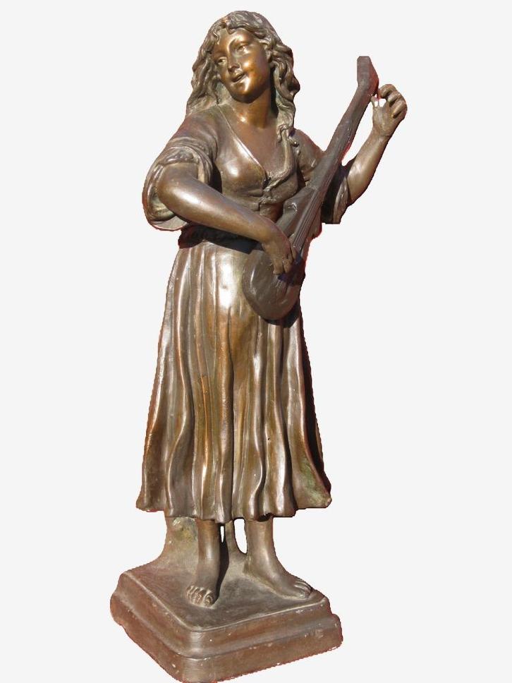 85cm Bronzige minstreel uit Noord/Franse bijkapel, Antiek en Kunst, Antiek | Religie, Ophalen