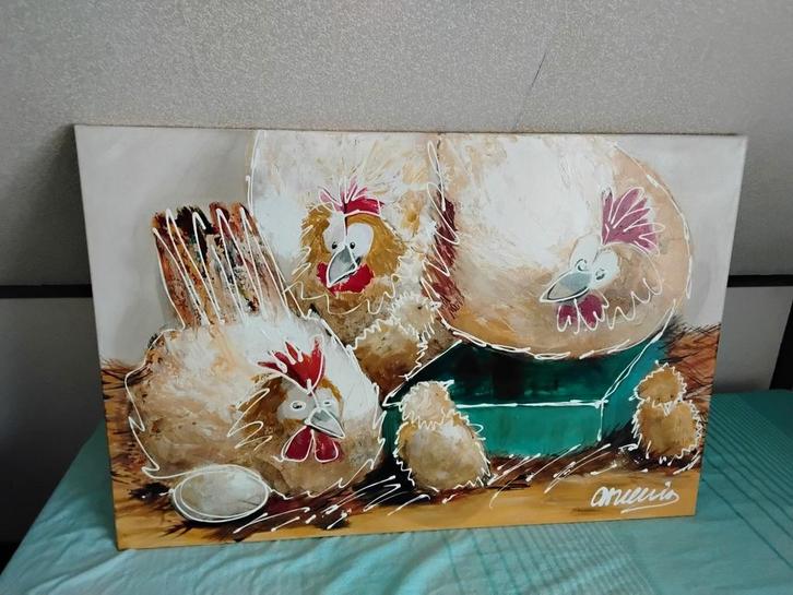 Schilderij "In het kippenhok" Anette v.Driel-Kluit 120x80cm, Antiek en Kunst, Kunst | Schilderijen | Abstract, Ophalen