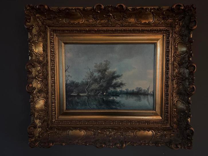 Riviergezicht met figuren in boot, antieke lijst, Antiek en Kunst, Kunst | Schilderijen | Klassiek, Ophalen