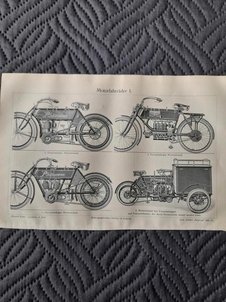 Oude Motorfietsen Illustratie, Antiek en Kunst, Antiek | Schoolplaten, Geschiedenis, Ophalen of Verzenden