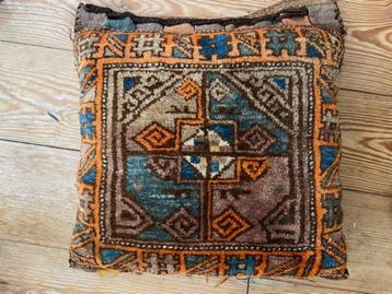 Bruin oranje petrol blauw wollen Kelim tapijt kussen 45x45 beschikbaar voor biedingen