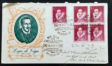 Spanje 1951 FDC Lope de Vega – Madrid stempel blok van 4 beschikbaar voor biedingen