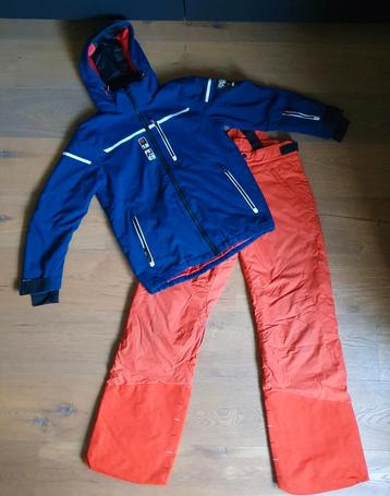 Blauwe skijas van Falcon maat 152 en oranje skibroek Oxylane beschikbaar voor biedingen