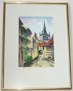Origineel schilderij ‘Oude stad’ aquarel, gesigneerd., Antiek en Kunst, Kunst | Schilderijen | Klassiek, Ophalen of Verzenden
