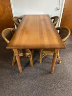 Houten eettafel met 4 rotan stoelen, Ophalen, Gebruikt, 200 cm of meer, 50 tot 100 cm