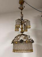 Kroonluchter met messing bladeren en zilveren rozen, Ophalen, Gebruikt, Metaal