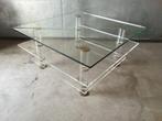 Vintage jaren 60 70 messing glas plexiglas salontafel, 50 tot 100 cm, Minder dan 50 cm, Gebruikt, Glas