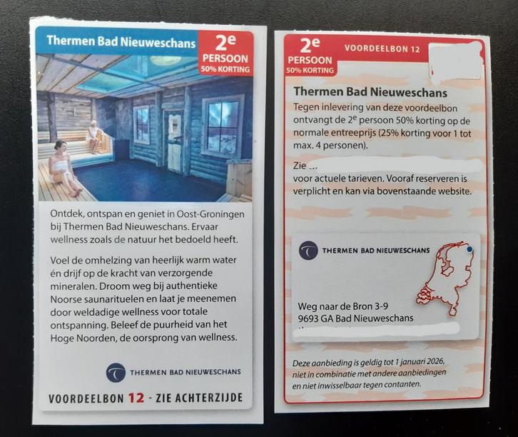 Sauna Thermen Bad Nieuweschans 2e persoon 50% korting, Tickets en Kaartjes, Kortingen en Cadeaubonnen