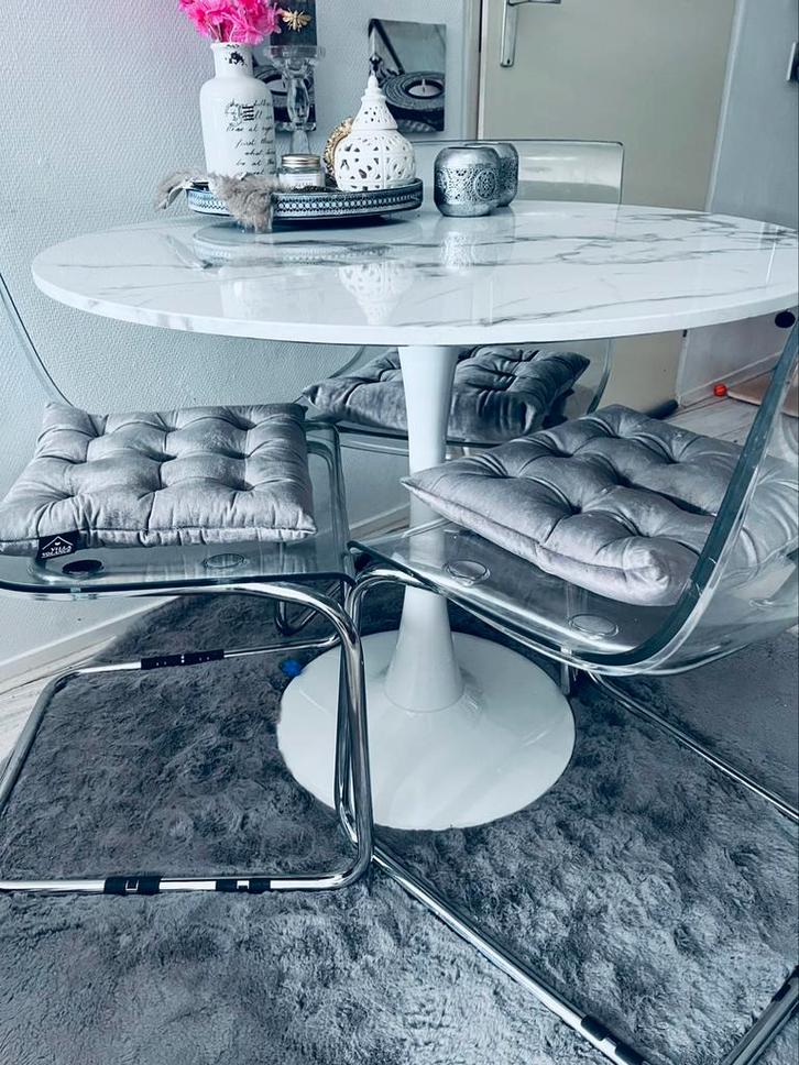 design eettafel marmer look rond trompet voet, Huis en Inrichting, Tafels | Eettafels, Zo goed als nieuw, 50 tot 100 cm, Rond