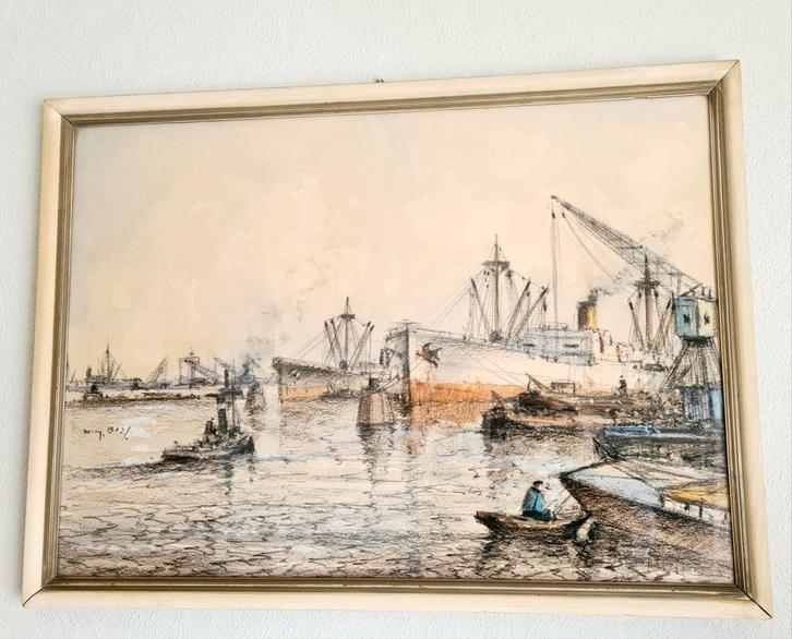 Wim Bos - Havengezicht Rotterdam, Antiek en Kunst, Kunst | Schilderijen | Klassiek, Ophalen