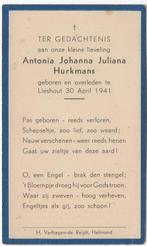 Antonia J.J. Hurkmans 1941 Lieshout + 1941 Lieshout, Verzenden, Bidprentje