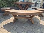 Ronde tafel met bijpassende bankjes, Tuin en Terras, Ophalen, Gebruikt, Rond, Hout