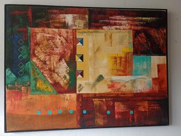 Abstract geometrische schilderij met warme tinten beschikbaar voor biedingen