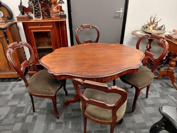 Biedermeier mahonie eethoek, ovale tafel + 4 groene stoelen. beschikbaar voor biedingen