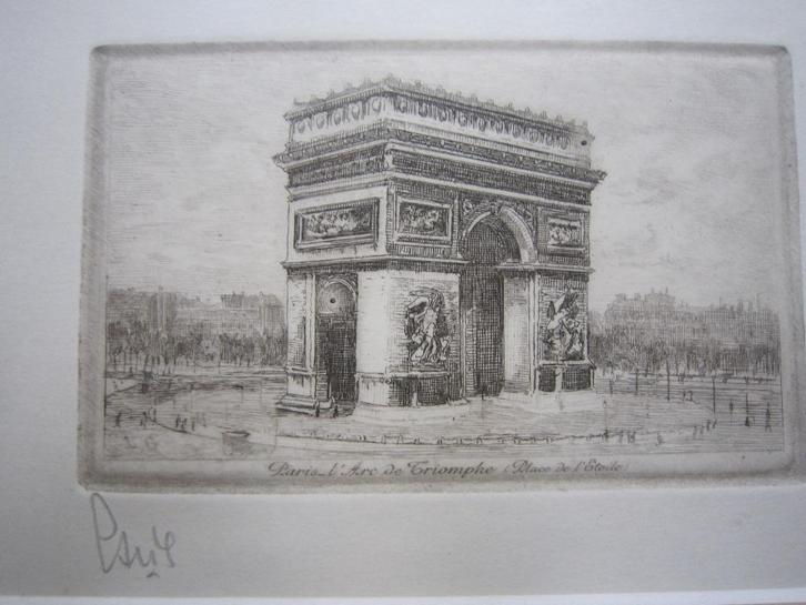 PARIJS, Arc de Triomp, Mooie a.n Ets in mooi lijstje, Antiek en Kunst, Kunst | Etsen en Gravures, Ophalen of Verzenden