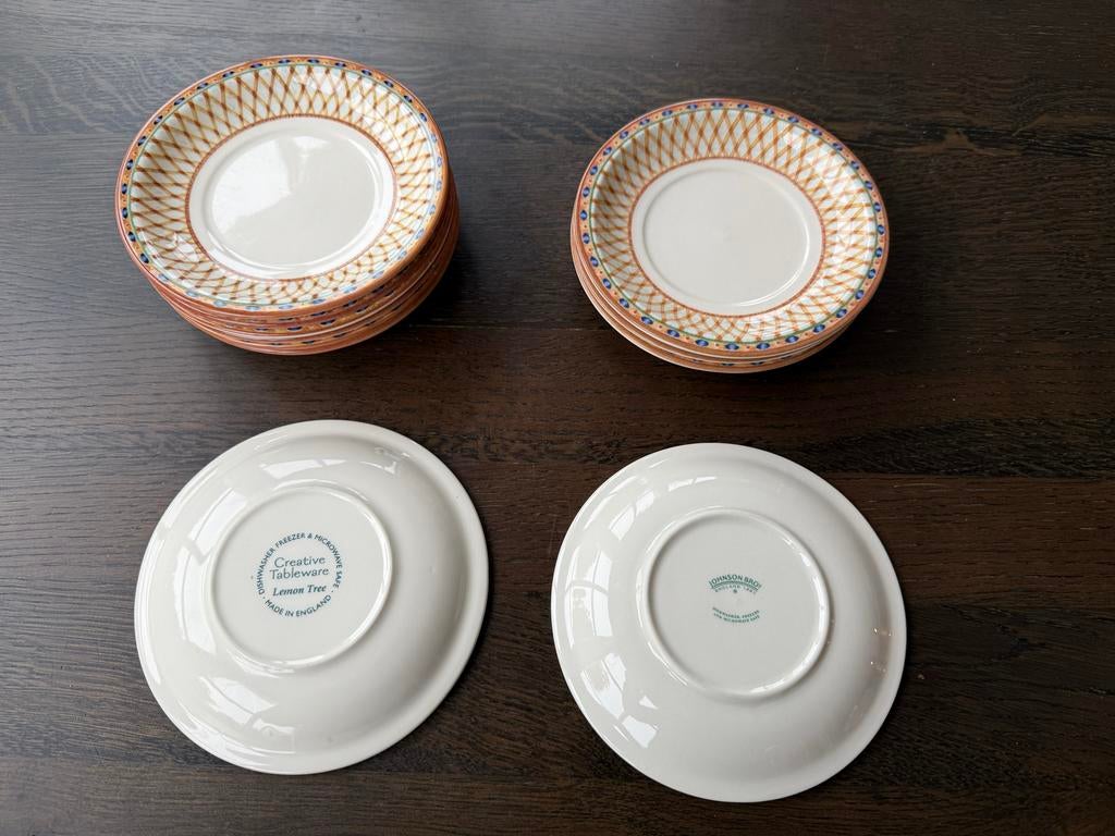 Johnson Brothers Lemon Tree Theeservies - Roomstel & Schotel, Gebruikt, Ophalen of Verzenden, Overige stijlen, Kop(pen) en/of Schotel(s)