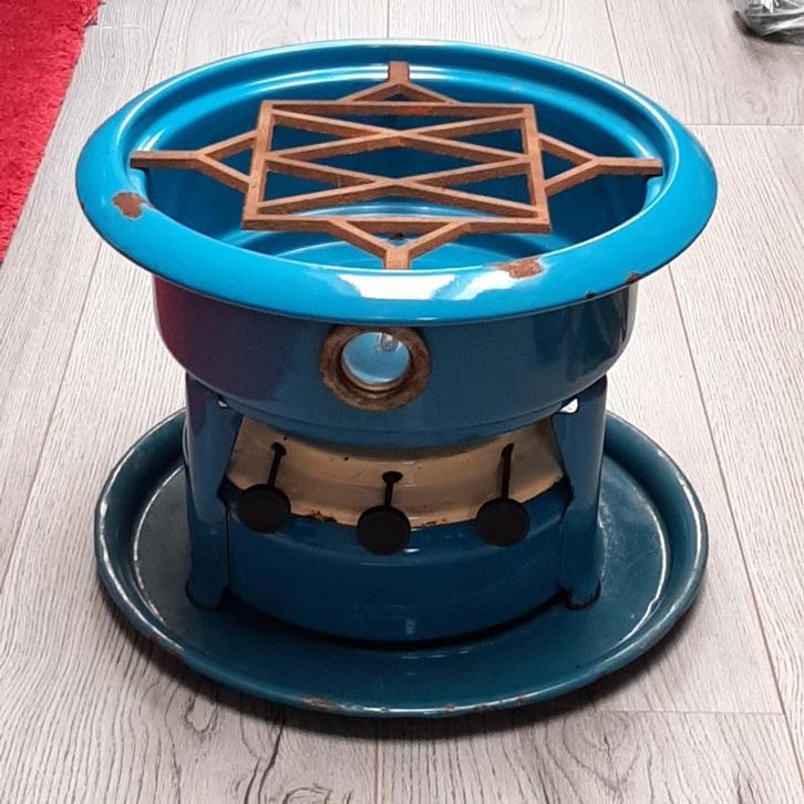 Emaille petroleumstel, 3-pits  met onderbord, kleur blauw, Antiek en Kunst, Antiek | Keukenbenodigdheden, Ophalen