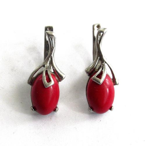 Vintage sterling zilveren 925 oorbellen met rode koraal, '80, Sieraden, Tassen en Uiterlijk, Antieke sieraden, Oorbellen, Zilver