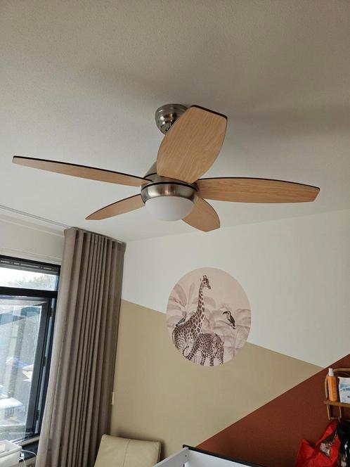 Plafondventilator lamp, timer, afstandbediening, chrome hout, Witgoed en Apparatuur, Ventilatoren, Zo goed als nieuw, Plafondventilator