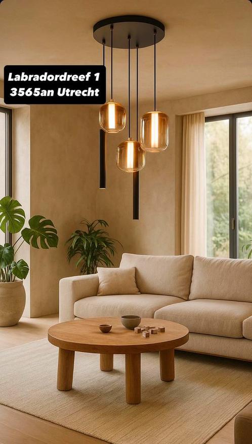 Hang lamp 5 lichten japandi style, Huis en Inrichting, Lampen | Hanglampen, Nieuw, Minder dan 50 cm, Glas, Ophalen of Verzenden