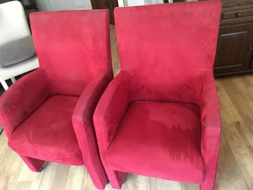 Alcantara eetkamerstoelen, lichtrood, 4 stuks op stevige wie, Huis en Inrichting, Stoelen, Zo goed als nieuw, Vier, Hout, Stof