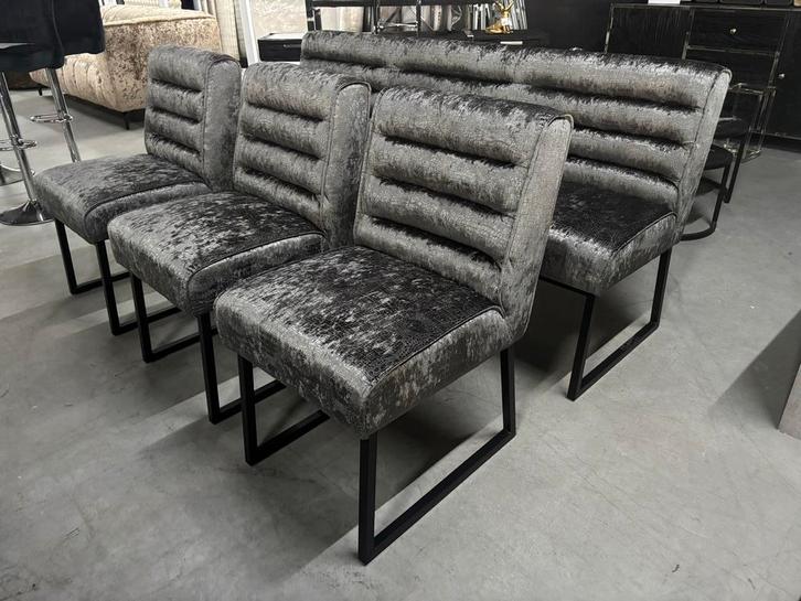 Eetkamerbank + 3 Stoelen Velvet Antraciet Grijs, Huis en Inrichting, Stoelen, Nieuw, Drie, Stof, Grijs, Ophalen of Verzenden