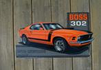 Ford Mustang Boss 302 bord | garagebord | mancave | oranje, Nieuw, Reclamebord, Ophalen of Verzenden