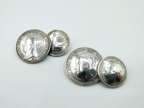 Zilveren manchetknopen gemaakt van 10 en 25 cent, Wilhelmina, Sieraden, Tassen en Uiterlijk, Manchetknopen, Gebruikt, Zilver, Verzenden