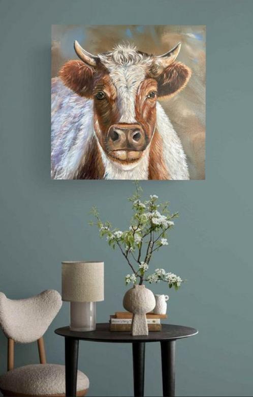 Schilderij koe in wintervacht uniek uit eigen atelier, Huis en Inrichting, Woonaccessoires | Schilderijen, Tekeningen en Foto's