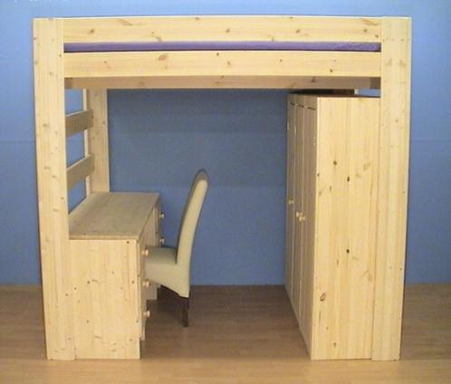 Stevige houten HOOGSLAPER met buro en kast, Kinderen en Baby's, Kinderkamer | Bedden, Nieuw, 180 cm of meer, 85 tot 100 cm, Lattenbodem