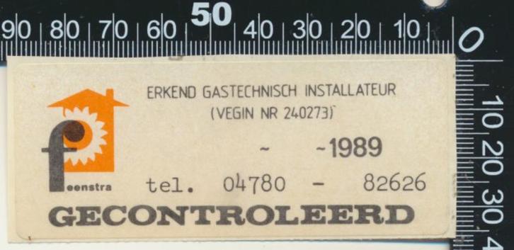 Sticker: Feenstra - Erkend Gastechnisch Installateur - 1989, Verzamelen, Stickers, Zo goed als nieuw, Bedrijf of Vereniging, Ophalen of Verzenden