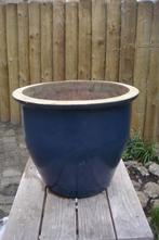 Grote blauwe geglazuurde terracotta pot met blauwe  schotel., Tuin en Terras, Bloempotten, Ophalen, Overige materialen, Tuin, Rond