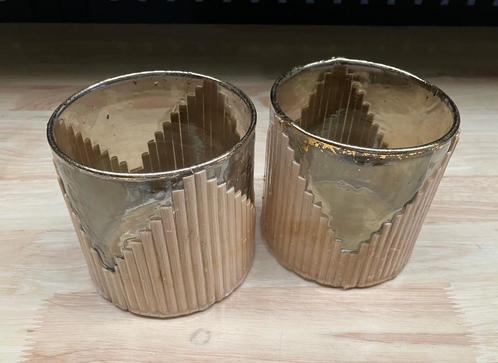 Theelichthouder in glas / bamboe met gouden rand nieuw, Huis en Inrichting, Woonaccessoires | Kandelaars en Kaarsen, Nieuw, Kandelaar