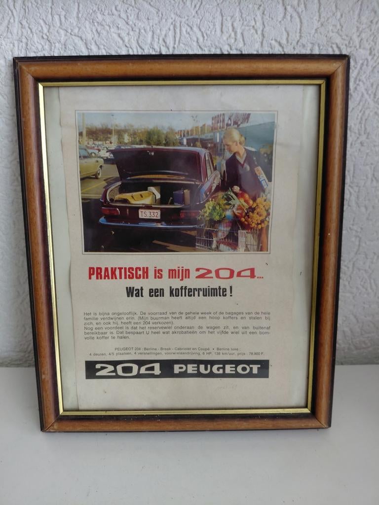 Kader met oude reclame peugeot, Verzamelen, Ophalen of Verzenden, Gebruikt, Reclamebord