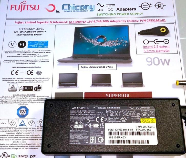 Fujitsu CP531941-01 Chicony A13-090P1A 19V 4.74A 90W Adapter, Computers en Software, Laptop-opladers, Refurbished, Ophalen of Verzenden