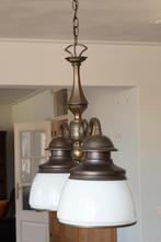 Dubbele hanglamp, wit glas, messing/koper, Ophalen, Gebruikt, Glas, 50 tot 75 cm