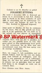 Ettema Folkert 1901 Bolsward 1966 Sneek  - 20548, Verzamelen, Bidprentjes en Rouwkaarten, Bidprentje, Ophalen of Verzenden