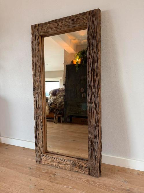 Railway wood spiegel stoer hout landelijk sober Ibiza stijl, Huis en Inrichting, Woonaccessoires | Spiegels, Nieuw, 75 tot 100 cm