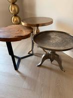 3 tafeltjes hout, goud, zilver, Huis en Inrichting, Tafels | Salontafels, Gebruikt, 50 tot 75 cm, Rond, 50 tot 100 cm