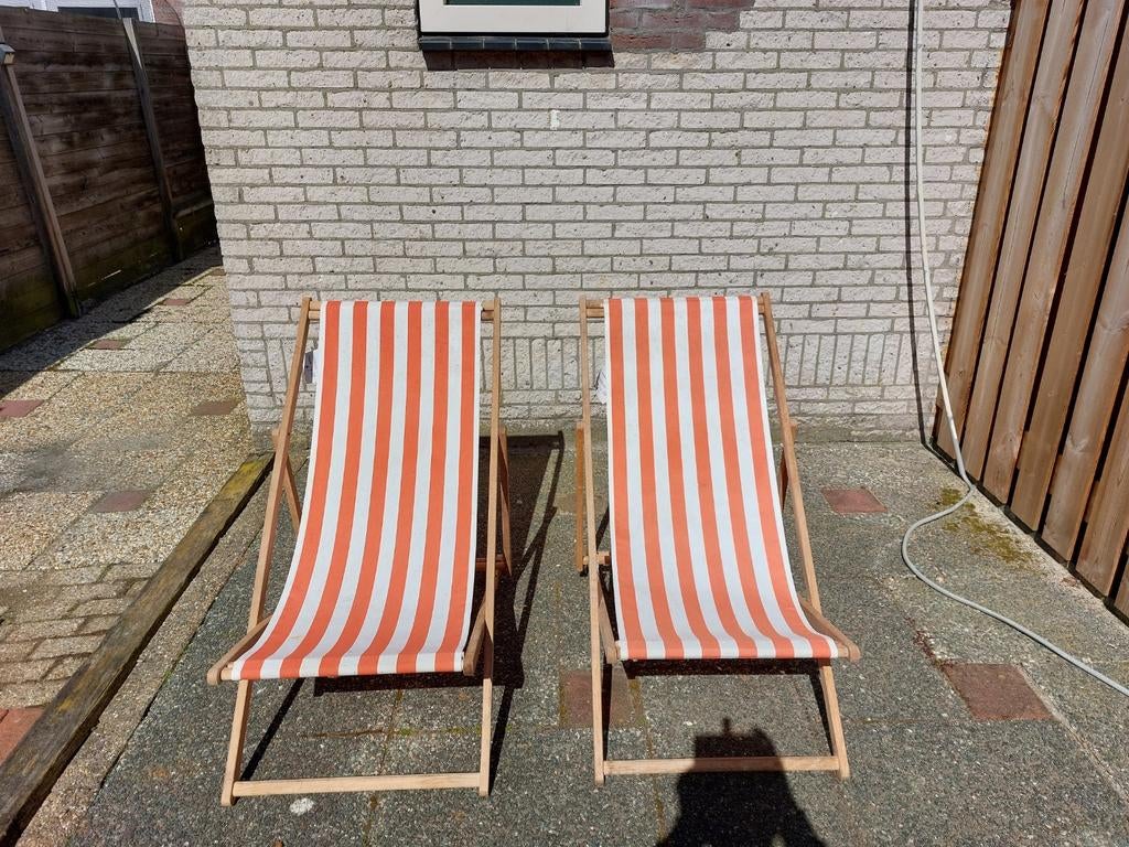 Jaren '70 strandstoelen - Oranje/wit gestreept, Ophalen, Gebruikt, Hout, Verstelbaar